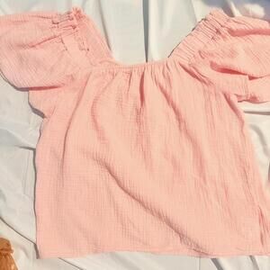 Beach Lunch Lounge Pink Gauze Puff Sleeve Blouse. Color: Blush pink. Brand
